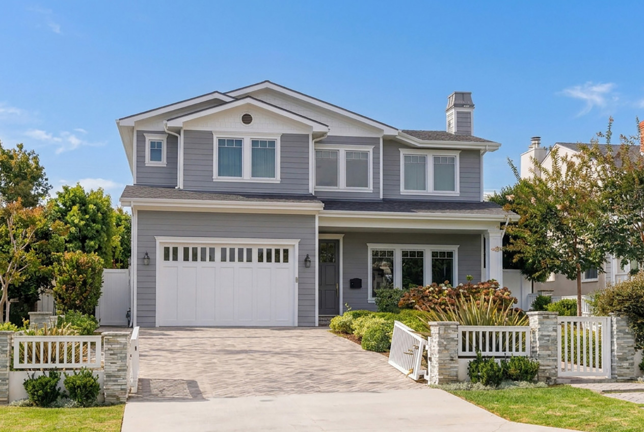 Two-story American home with light gray lap siding, white trim and white windows